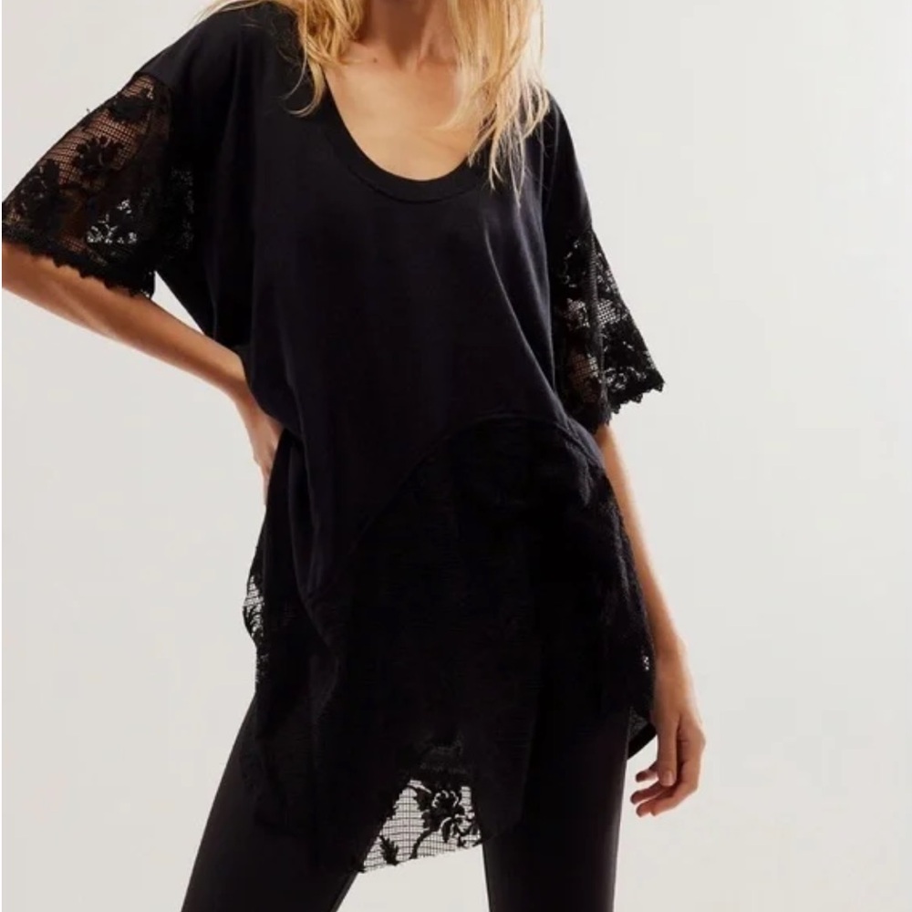 Free People Chasing You Lace Longline Top in Black
